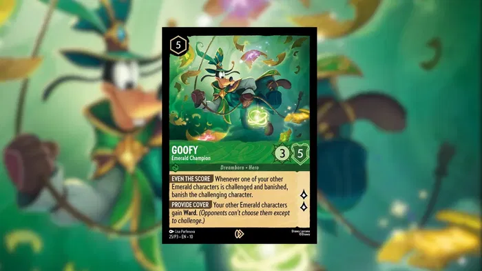 A picture of the Disney Lorcana card, Goofy – Emerald Champion.